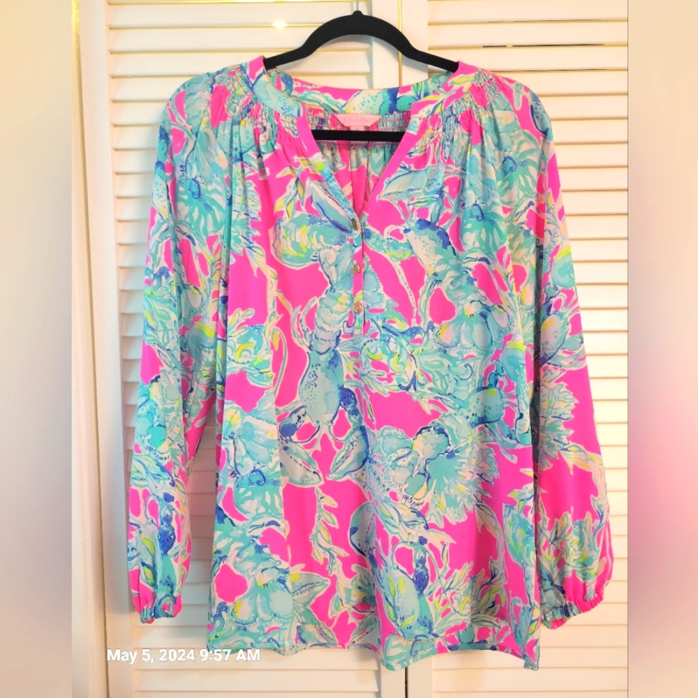 Lilly Pulitzer 100% Silk Elsa Top in Lobster in Love - Sz M